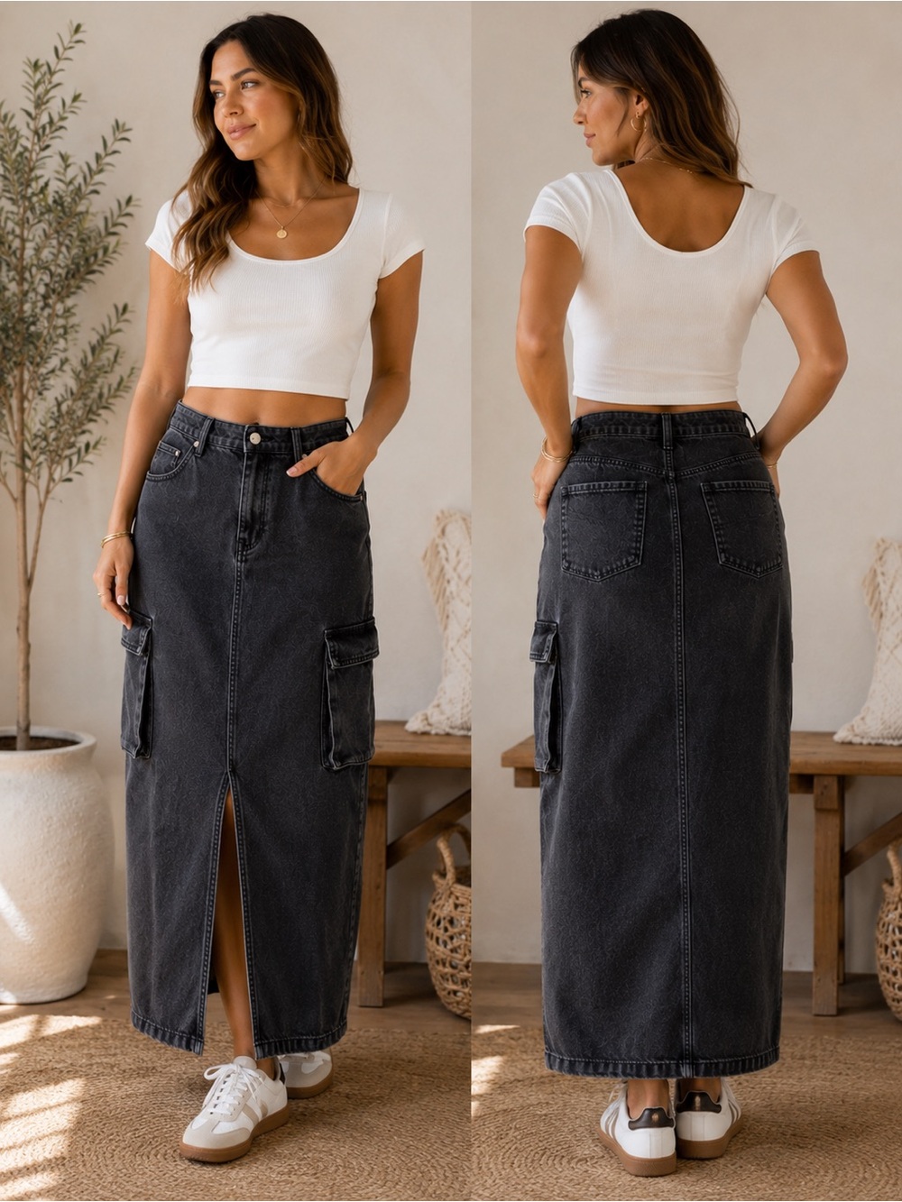 Sincerely Jules Black Wash Denim Cargo Maxi Skirt Utility Y2K - Size US 7/27